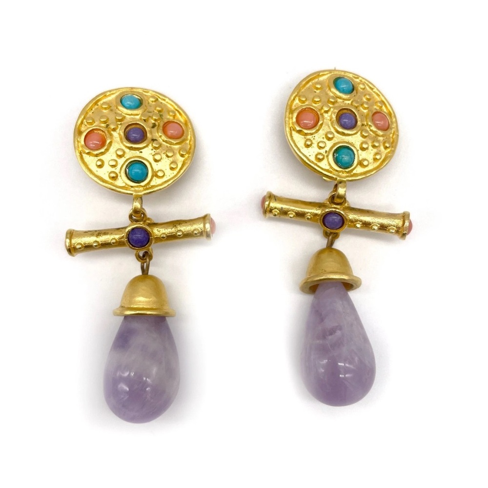 C Leslie Block 22K Vermeil Gemstone Clip On Earrings Amethyst Turquoise Coral
